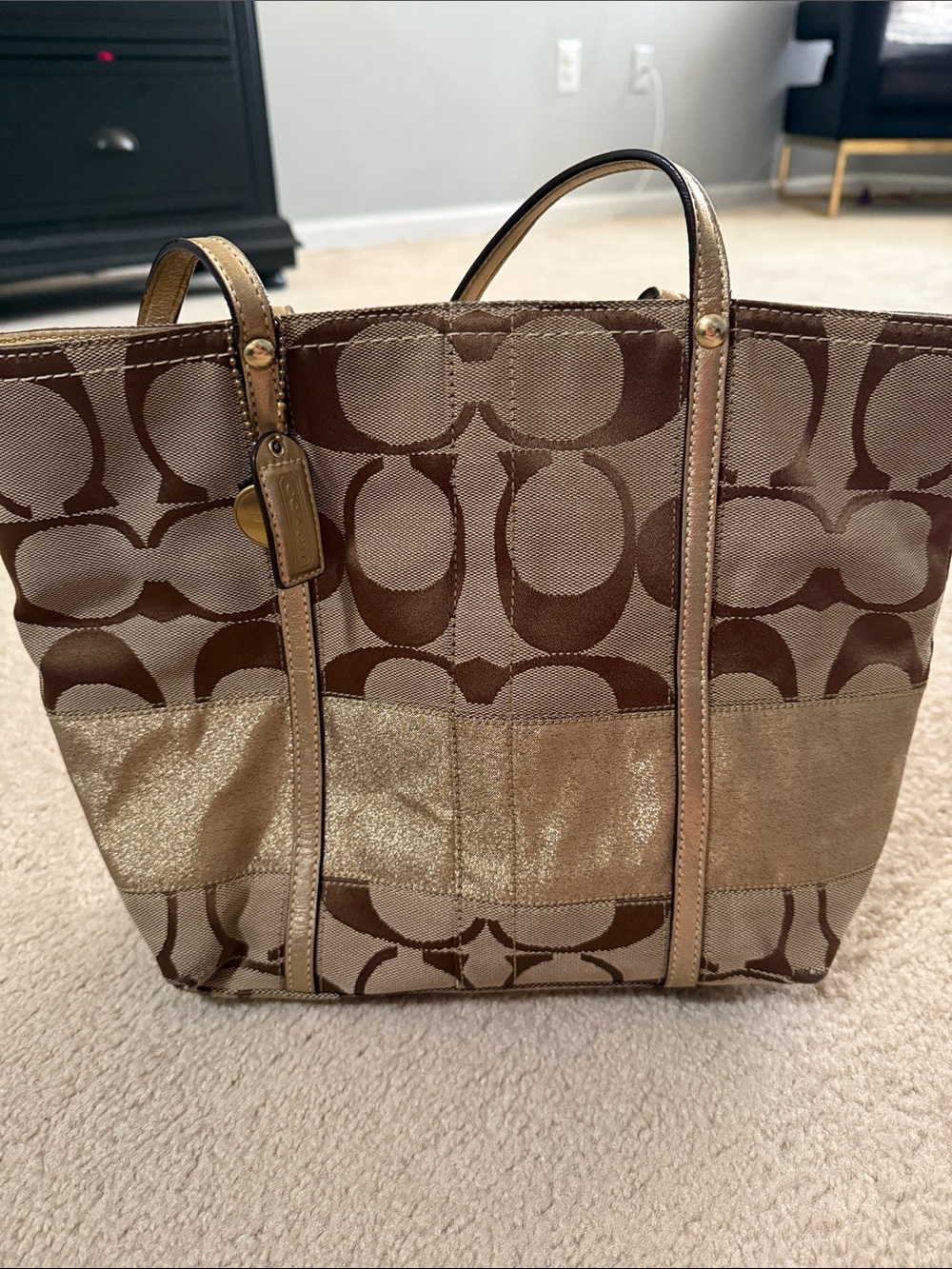Coach Signature Canvas Tote with Metallic Gold Accent